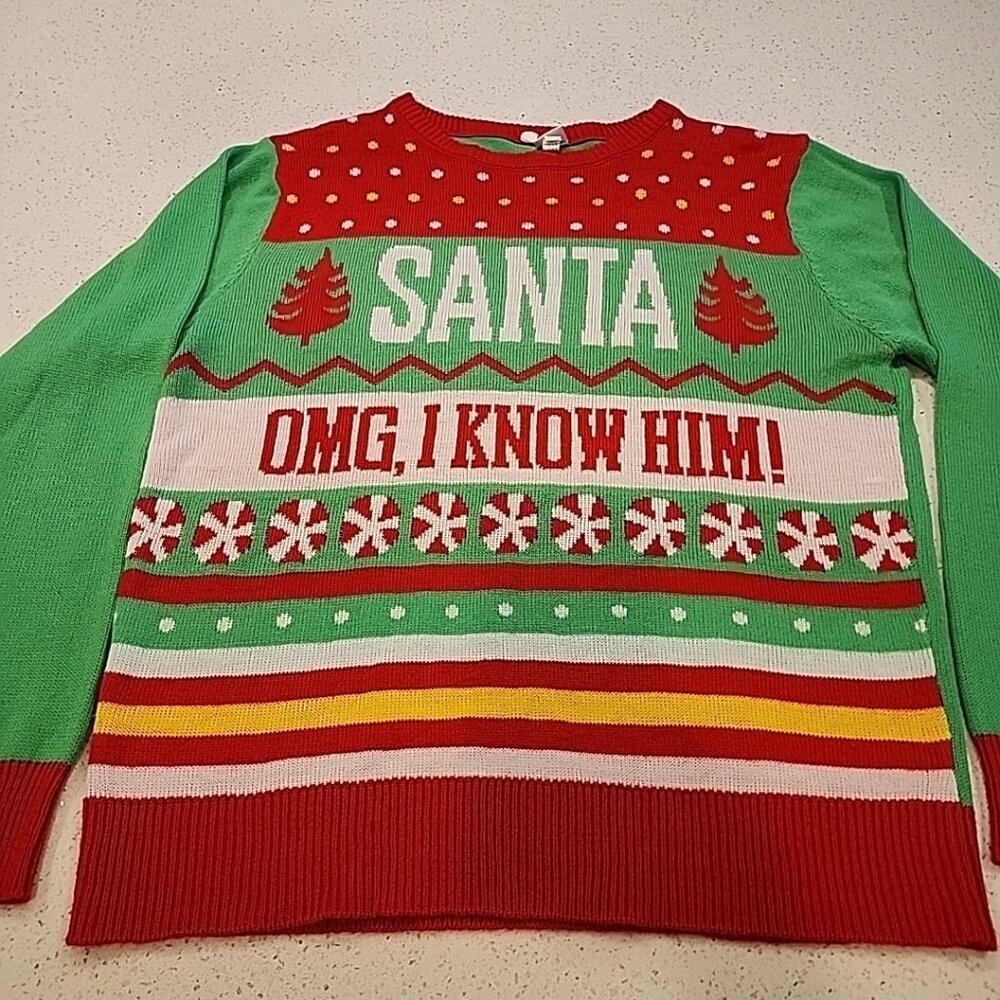 ELF SANTA I KNOW HIM UGLY CHRISTMAS SWEATER  siz Mens L Large Womens XL